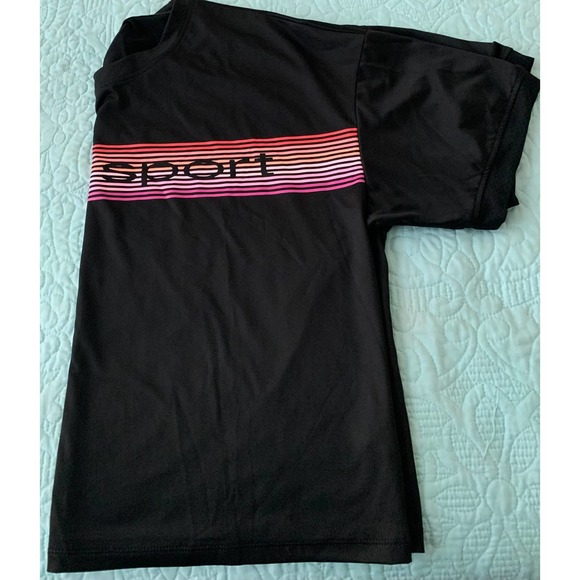 BEBE SPORT SHORT WAISTED TOP, WOMENS. XL, BLACK W/COLORFUL STRIPES ON FRONT - Picture 4 of 9